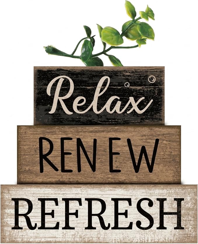 Moucuny 4 Pcs Bathroom Shelf Decor Sign Farmhouse Bathroom Decor and Accessories Rustic Eucalyptus Leaves Block Sign Gift Relax Renew Refresh Farmhouse Table Centerpiece for Home Office Toilet