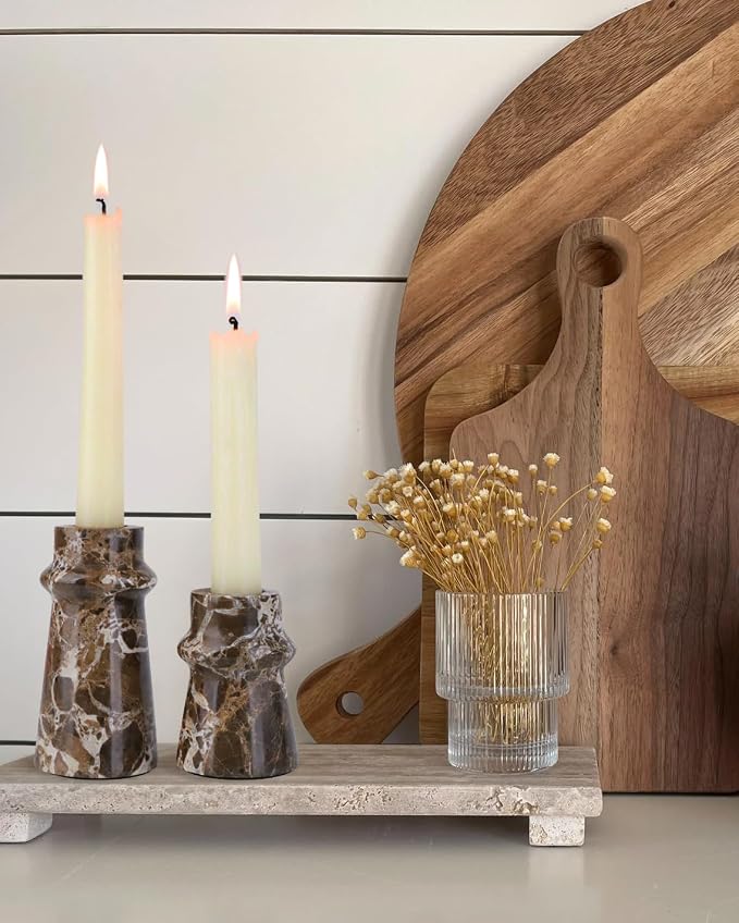 Vixdonos Marble Candle Holder Set of 2 Taper Candle Candlestick Mantle Candle Stand for Home Decor,Wedding,Party and Table Centerpieces(Brown)