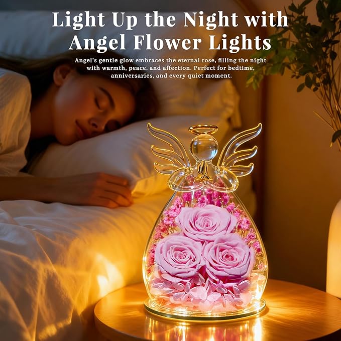 Beferr Mothers Day Mom Birthday Gifts for Women, Fresh Flowers for Delivery Forever Preserved Rose in Glass Angel Figurine, Anniversary Christian Real Rose for Grandma Nana Wife Mum from Daughter Son