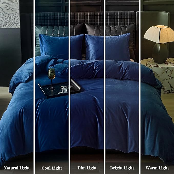 WARMDERN Navy Blue Flannel Velvet Duvet Cover King Size Duvet Cover Bedding Sets, 3pcs Ultra Soft Luxury Textured Modern Crystal Velvet Duvet Covers with Zipper Closure(Navy Blue, King)