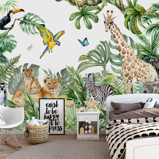 Safari Wallpaper for Children with Animals Jungle Wall Mural Watercolor Animals Nursery Wallpaper Kids Room Decor(Not Peel n' Stick)