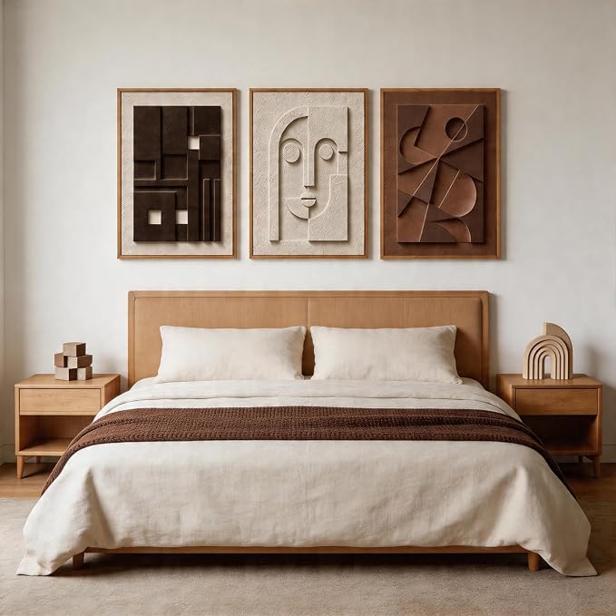 CHDITB 3D Textured Abstract Geometric Face Framed Canvas Wall Art Set, Neutral Earth Tone Relief Sculpture Wall Decor, Minimalist Carved Prints for Living Room Hallway Entryway Home Decor 16"x24"x3