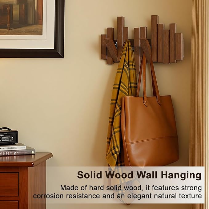 Modern Wooden Coat Rack, key holder wall mount– Handmade Solid Walnut Flip Hook Rack with Hidden Mount, Decorative Entryway Wall Hooks for Coats, Bags & Hats, Space-Saving Design (Black,8Hooks)