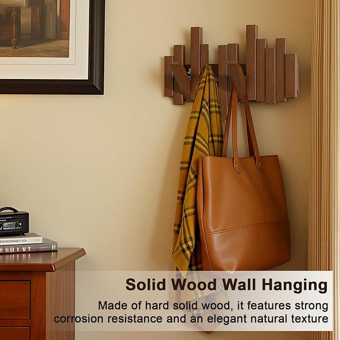 Modern Wooden Coat Rack, key holder wall mount– Handmade Solid Walnut Flip Hook Rack with Hidden Mount, Decorative Entryway Wall Hooks for Coats, Bags & Hats, Space-Saving Design (Black,6Hooks)
