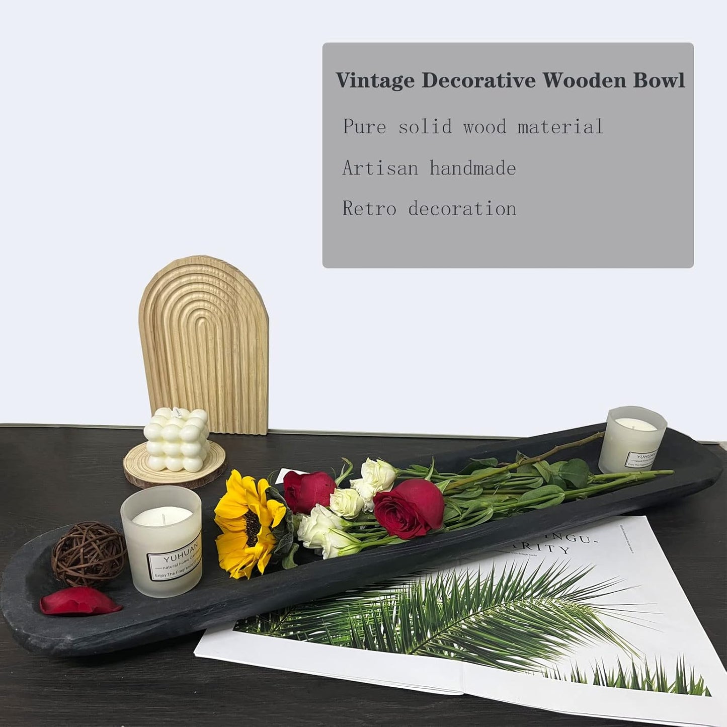 Wooden Dough Bowl Decor, Vintage Wooden Bowl Hand Carved Home Decor for Dining Table Center, Living Room, Kitchen Decor. (30inch black)