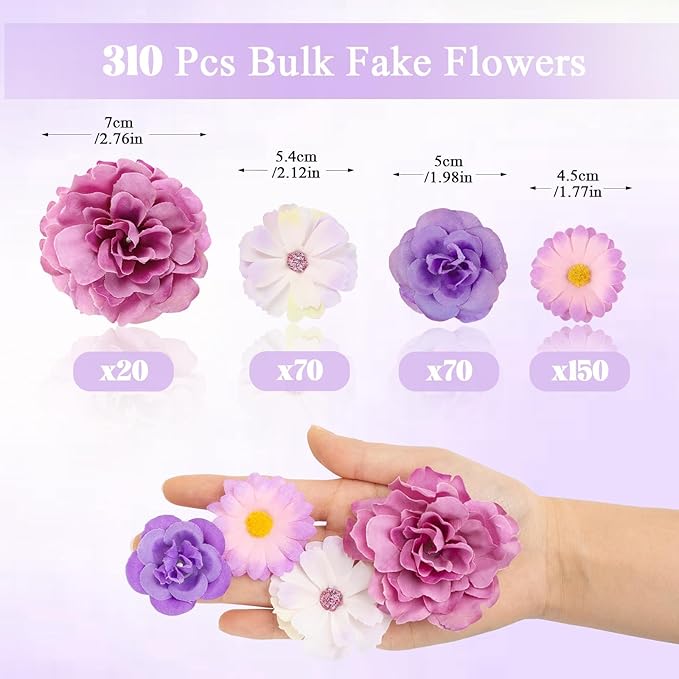 ATTGREAT 310 Pcs Fake Flower Heads Mini Artificial Flower Bulk Silk Flowers for Decoration Small Faux Flower Heads Fabric Daisy Buds Floral for Crafts DIY Wedding Party Baby Shower Home Decor, Purple