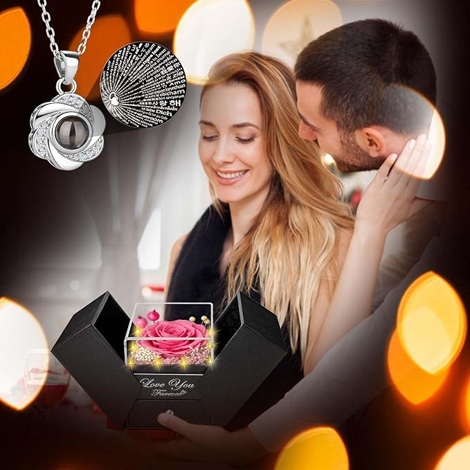 ENERLEAF Preserved Pink Real Rose-Eternal Flowers Rose Gifts for Mom Grandma Wife Girlfriend on Mothers Day Birthday Valentines Christmas Anniversary Romantic Gifts for Her with I Love You Necklace
