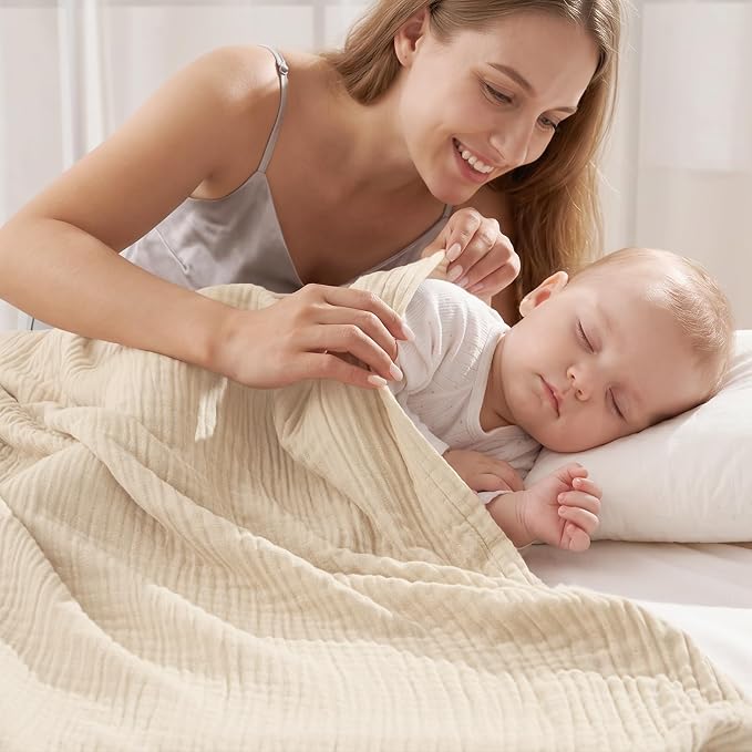 David's Home Soft Muslin Blanket Throw Size for Adults, 60% Rayon 40% Cotton, Breathable Lightweight Cooling Blanket for Hot Sleepers, 4-Layer Cozy Gauze for Bed, 50"x60", Natural/Birch