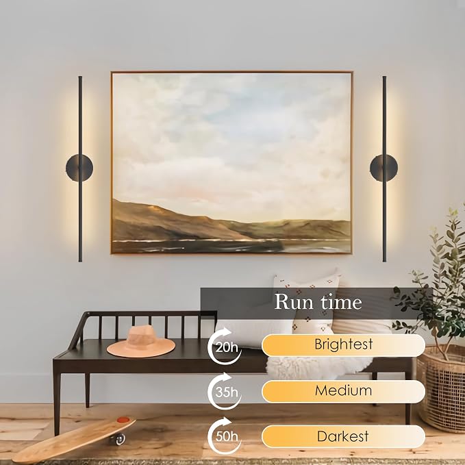 KARTOOSH Battery Operated Wall Sconces, Dimmable Wall Sconces Set of Two, 350°Rotate, 3000K LED Black Wireless Wall Light for Living Room, Bedroom,Hallway, 40.1 Inch (2 Pack)
