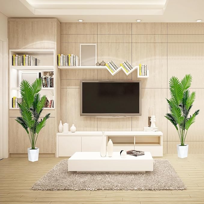 SAJANDAS Set of 2 Artificial Areca Palm Plants in Pots, 51 Inch Fake Tropical Palm Trees with Greenery Leaves and Stems, Faux Dypsis Lutescens Floor Plants for Office, Store, Garden, Home Decoration