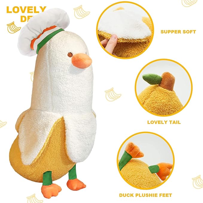 PEACH CAT Cute Banana Duck Stuffed Animal Long Banana Chef Duck Plush Pillow for Girls and Boys White 19.7"