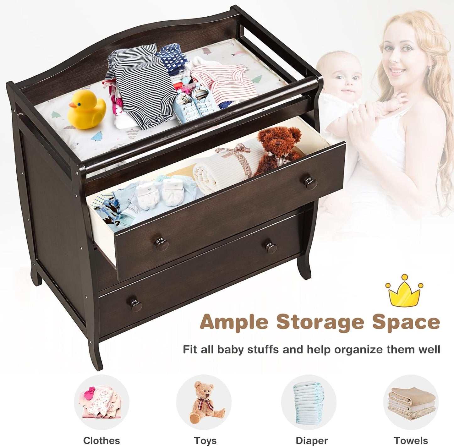 Costzon 3-Drawer Changing Table, Infant Diaper Changing Station with Drawers, Safety Rails & Strap, Baby Changing Table Dresser for Nursery, Easy Assembly (Brown)