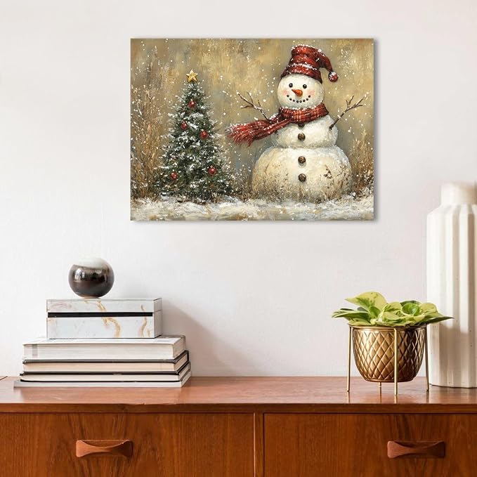 Rustic Christmas Wall Decor Pine Tree Snowman Picture for Living Room Retro Christmas Tree Poster Bedroom Abstract Snowy Winter Scene Canvas Prints Painting Holiday Artwork Xmas Home Decoration 12x16"