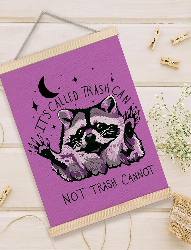 Foritho Funny Motivational Raccoon Meme Poster Wall Art Framed for Office Dorm Home, Sarcastic Work Trash Panda Office Canvas Prints Wall Decor for Coworkers Women Men, 12x16 Inch - Purple
