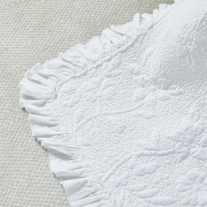 Brandream White Ruffle Quilted Throw Blanket Cotton Throws for Bed Couch Daybed 47 X 60 Inch Decorative Blankets