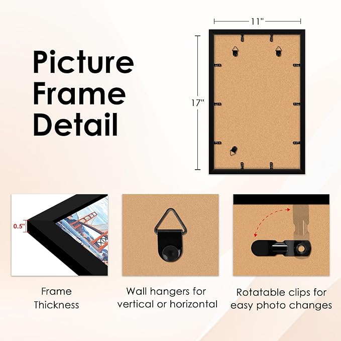 FIXSMITH 11x17 Picture Frame Set of 4, Photo Frame with HD Plexiglass, Display Pictures 9x15 with Mat or 11x17 Without Mat, Black Picture Frames Collage Wall Decor, Gallary Wall Frame