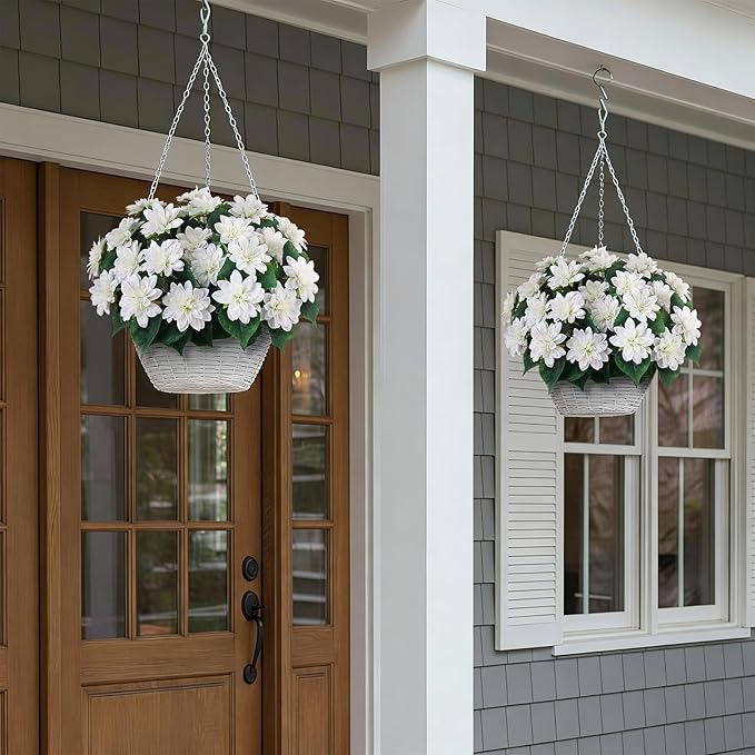 VIERENA 8 Bundles Artificial Dahlia Flowers for Outdoors Spring Summer Decor, No Fade Silk Flower Faux Dahlias Plant Arrangement for Home Garden Balcony Farmhouse（White）