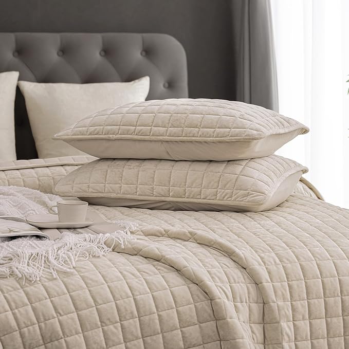PHF Luxurious Velvet Quilt Set King Size – 3PCS Super Soft Quilted Comforter Alternative with Square-Box Quilt Pattern, Warm Quilted Bedspread Coverlet, 108" x 92", Oxford Tan