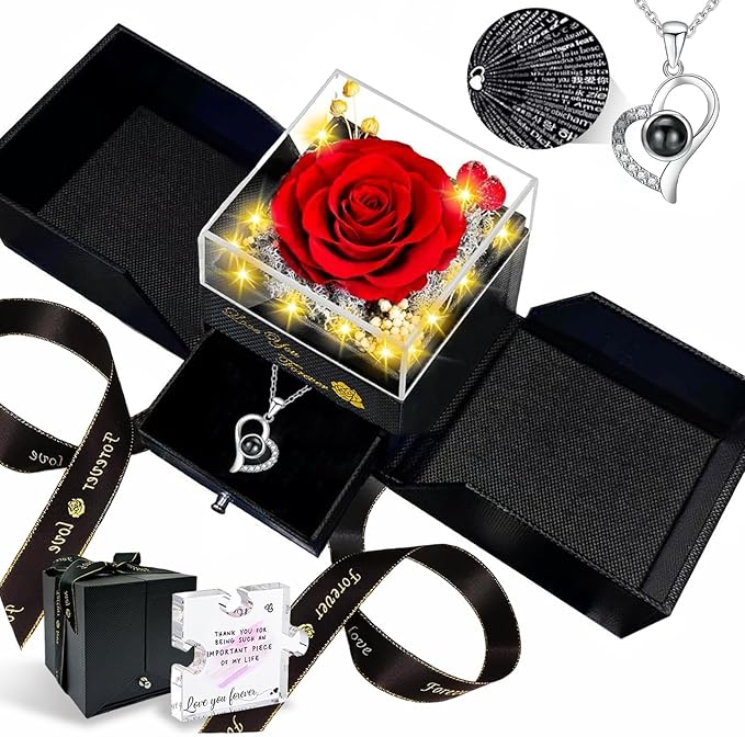 Preserved Real Rose with Heart Necklace for Her, I Love You Necklace 100 Languages Projection, for Mom Wife Girlfriend, Birthday Valentines Romantic Gifts for Women