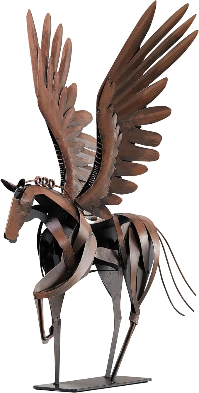 SunBlogs Art Horse Statue Décor Artwork, 24" H Handmade Metal Pegasus Greek Flying Horse Sculpture, Hand-Painted Animal Figurines for Home Living Room Office (Vintage Brown with Wings)