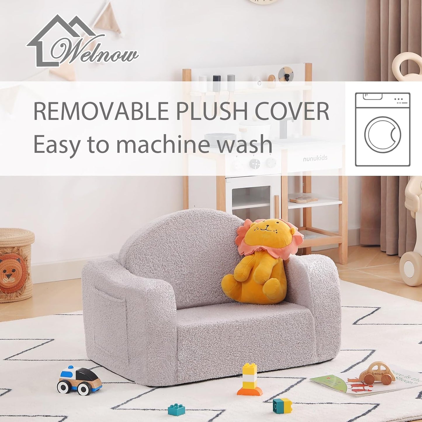 Welnow 2-in-1 Kids Sofa Chair, Convertible Toddler Chair Flip Out Children Sofa Chair with Wave Armrests Folding Kids Play Sofa with Side Pockets & Removable Cover Armchair for Girl or Boy