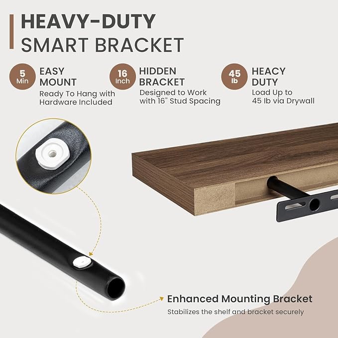 Acovy 48 Inch Floating Shelves, 8 Inch Deep Floating Shelves for Wall, Hanging Shelf with Invisible Brackets, Deep Shelves for Bathroom, Bedroom, Living Room, Walnut, Set of 2