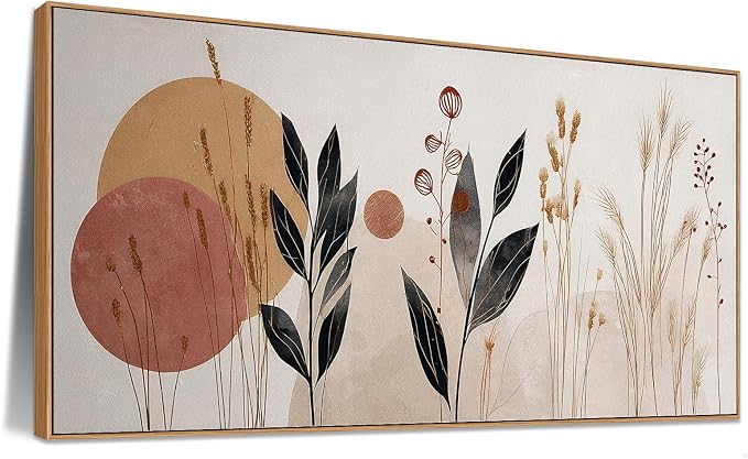 Sorbrozo Abstract Botanical Wall Art 20x40 Inch Framed Canvas Print with Geometric Circles and Leaves Modern Minimalist Decor for Living Room & Bedroom