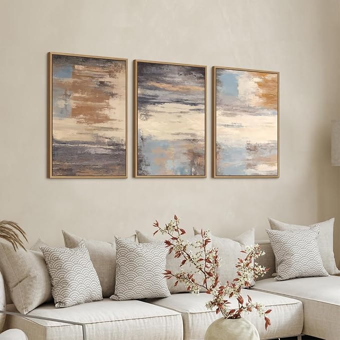 Large Framed Canvas Wall Art - Natural Float Framed Abstract Colorful Pictures for Living Room Decor Contemporary Brown Beige Grey Lines Artwork for Bedroom Home Office Decoration 48" X 24" Set of 3