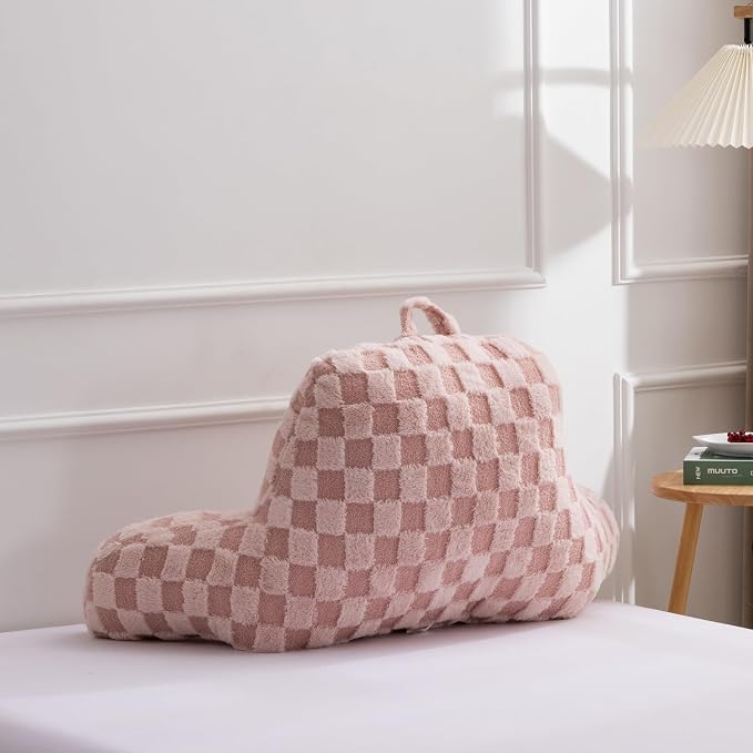 A Nice Night Faux Fur Reading Pillow,Checkered Fluffy Grid Plaid,Bed Wedge Pillow Large Adult Children Backrest with Arms for Bedrest,Pink
