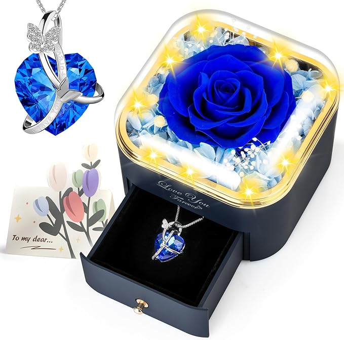 ENERLEAF Preserved Blue Real Rose with Necklace Jewelry Box -Eternal Flowers Rose Gifts for Grandma Wife Girlfriend on Valentines Mothers Day Christmas Birthday Anniversary Romantic Gifts for Her