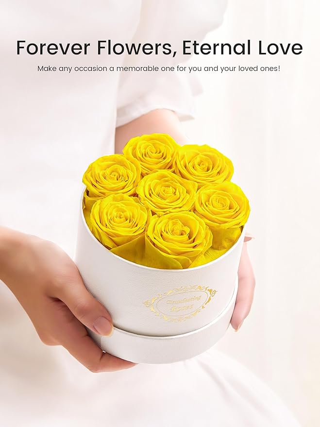 Beaulasting Long Lasting Preserved Roses in a Box Last a Year Forever Flowers for Her Mom Wife Anniversary Birthday (Round White Box, Yellow)