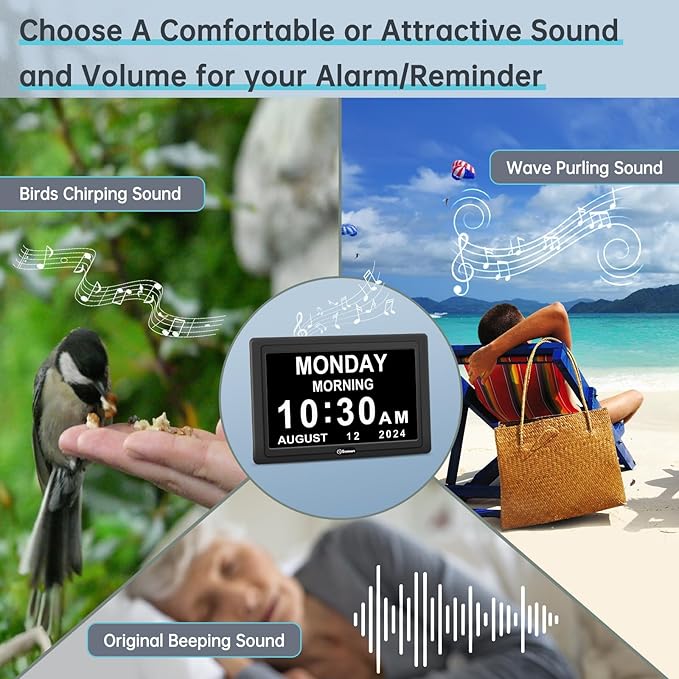 Soobest Dementia Digital Clock for Seniors Elderly, 20 Alarm Reminders 3 Ringtones for Memory Loss Alzheimers, Electric Time Date Day Large Display Calendar Clock, Auto DST, 1024 * 600P HD
