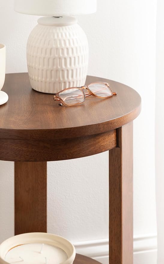Kate and Laurel Foxford Tiered Round Side Table, 16 x 16 x 23, Walnut Brown, Transitional Two-Tier Circle Nightstand Table with Storage and Resilient Wood Construction for Bedroom Decor