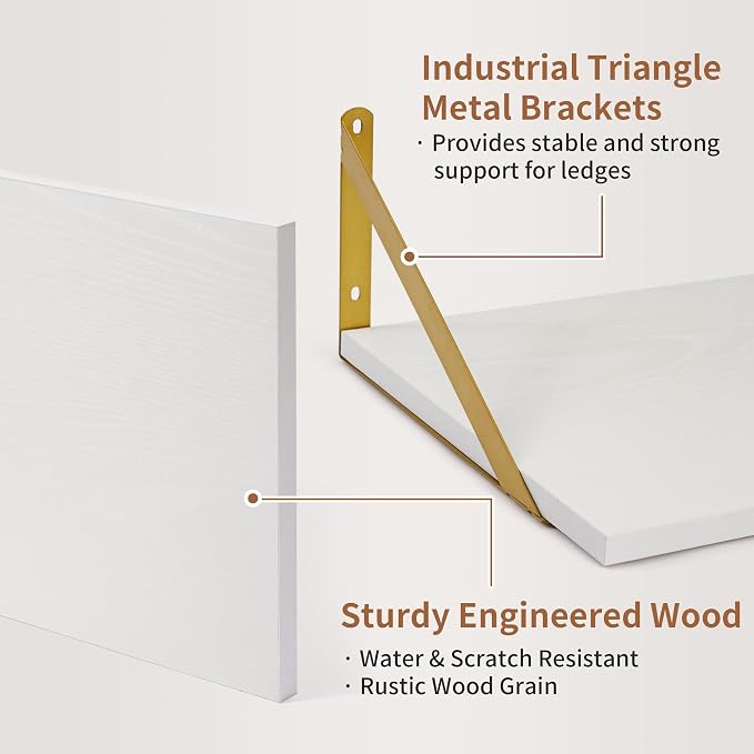 Axeman Deep Floating Shelves for Wall, 12 Inch Deep White and Gold Shelves Set of 2, 16W x 12D White Wood Wall Shelves with Golden Brackets for Bedroom Bathroom Living Room Kitchen - White & Gold