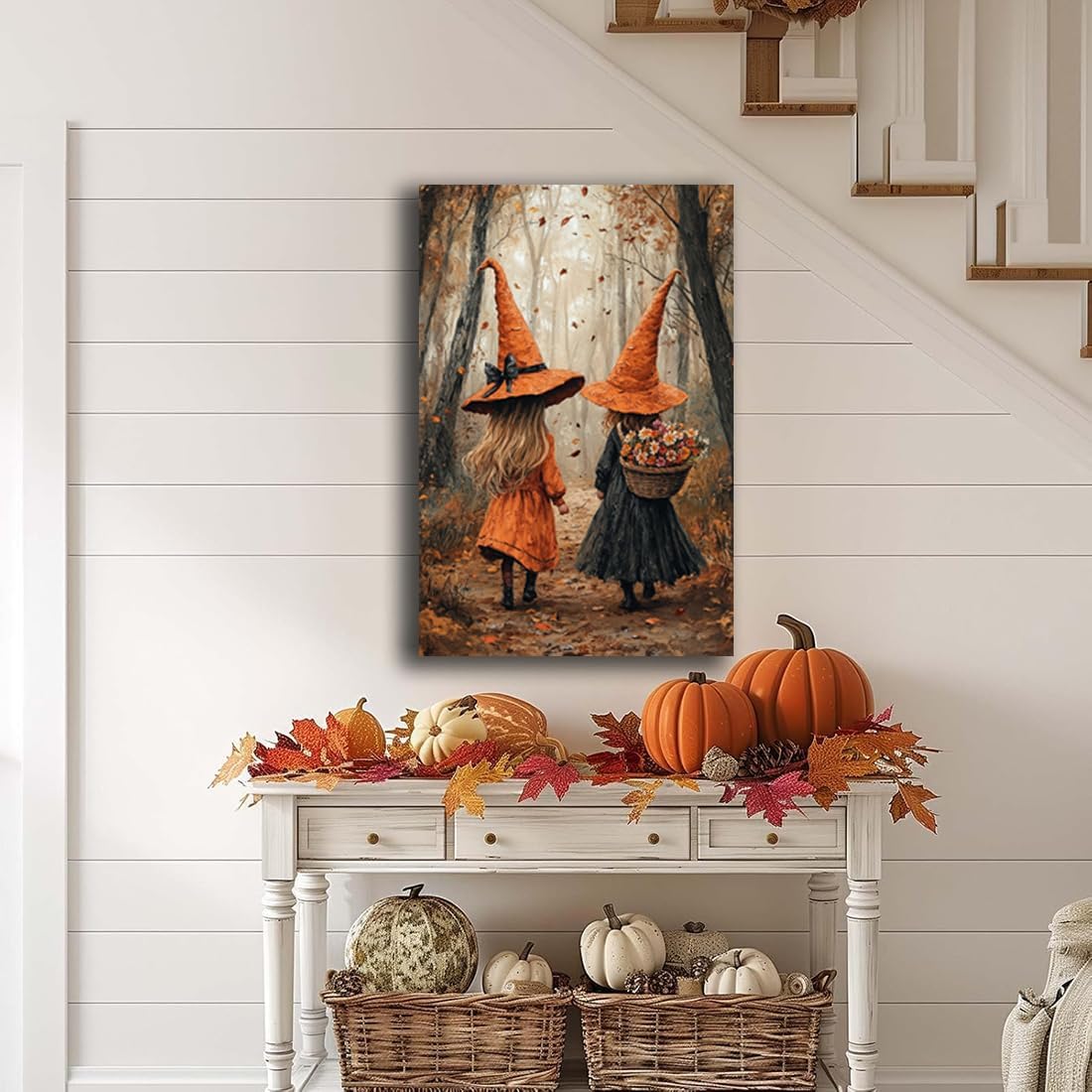 Fall Wall Art Witch Picture Decor,Little Girl Witch Halloween Wall Art, Vintage Autumn Whimsical Woodland Forest Picture, Family Room Nursery Playroom Children Room Decoration,12"x18" Framed
