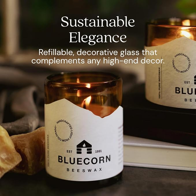 Bluecorn Beeswax 1-Wick Candle, 100% Pure Bees Wax, Amber Glass, Fragrance Free Candle Wax, Soy Free, Clean Burning, Long Lasting (35 Hr), Home Decor, Gifts for Women & Men, American Made, 8 Oz, 1 Ct