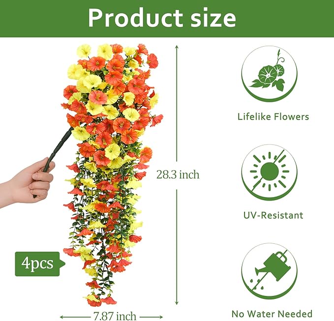 Serwalin Artificial Hanging Flowers for Outdoors Decoration, 4PCS UV Resistant Silk Artificial Fake Plants Outdoor for Porch Patio Balcony Indoor Planter Yard Decor (Orange&Yellow,4PCS)