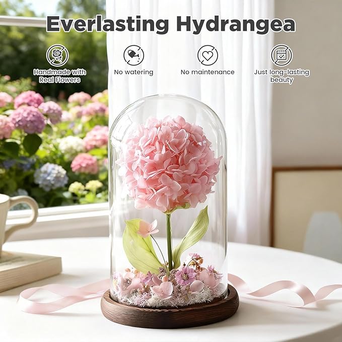 Forever Hydrangeas in Glass Dome,Forever Preserved Flowers Gifts Mothers Day Birthday for Grandma Women Mom Wife,Fresh Flowers for Delivery/Pink Hydrangea