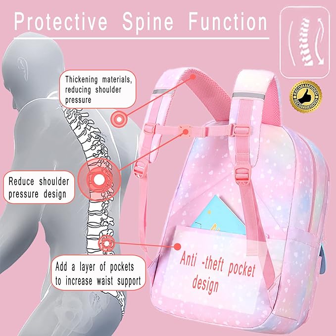 Kawaii Backpack, Pink Backpack for Girls, Kid Starry Rainbow Bookbag, Cute Backpack for Kids, Aesthetic Backpack, Pink(3 PCS Set)