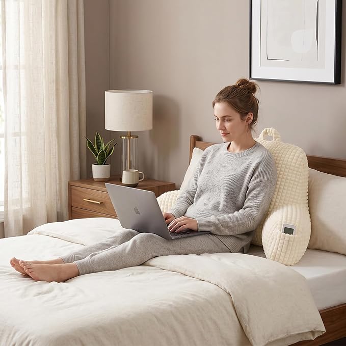 Reading Pillow with Arms for Sitting in Bed,Backrest,White Flannel,M | 17" Backrest Supports Back for College Students,Elbows & Forearms for Dorm Reading,Gaming,Watching TV