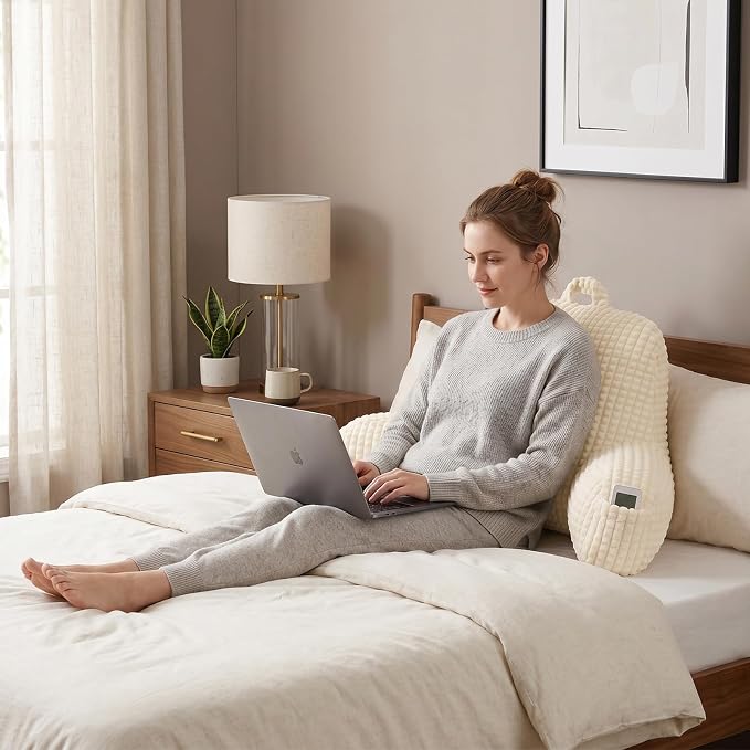 Reading Pillow with Arms for Bed Sitting,White Flannel | Large Supportive Backrest Helps Ease Neck,Shoulder & Arm Strain While Gaming Reading or Watching TV