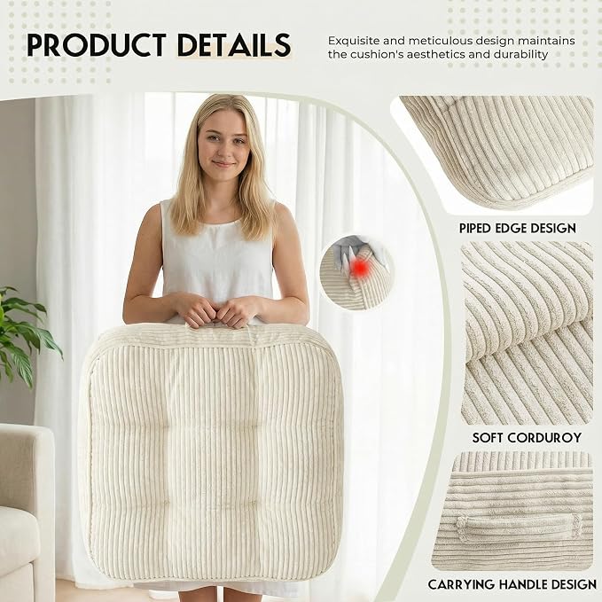 11" Thick Washable Floor Pillow for Adults, Yoga & Meditation Cushion with Handle, Square Large Pillows Seating with Removable Tufted Corduroy Cover for Tatami Living Room Board Games, Cream
