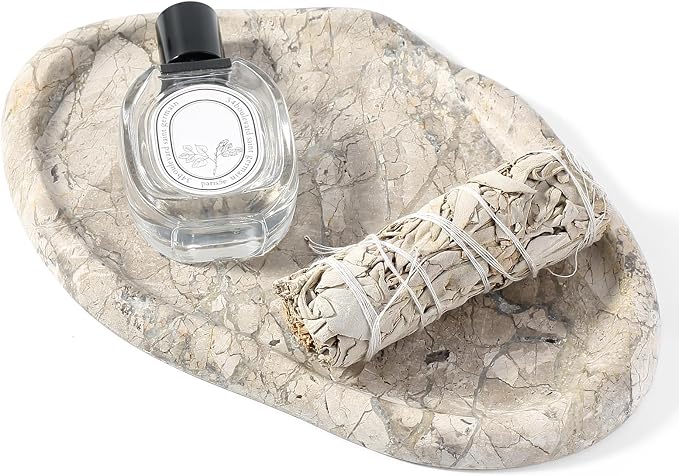 Koville Marble Vanity Tray for Bathroom, Cloud Shape Stone Key Tray | 10" x 7" Marble Storage Trays for Bathroom, Stone Plate Holder for Perfume, Candle and Jewelry (Silver Pearl)