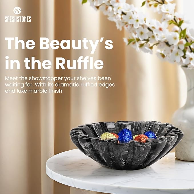 Marble Decorative Bowl Handmade 8 Inch Black Ruffle Bowl, Fruit Bowl for Kitchen Counter, Large Scalloped Bowls for Housewarming Gifts, Modern Fluted Bowl for Home Decor