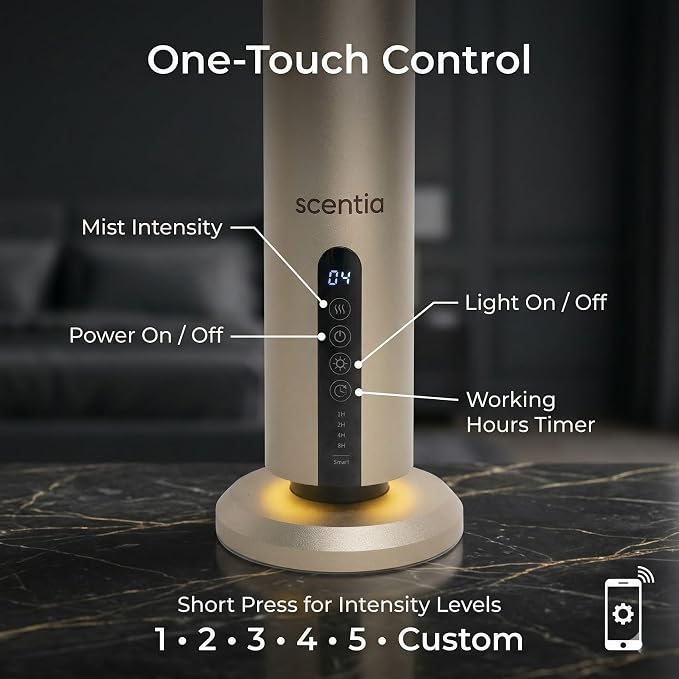 Scentia Wireless, Cold Air, Waterless Hotel Scent Diffuser for Home,Office or Spa Aromatherapy | Includes Premium USA-Made Oil Blend | App Controlled, | Covers 1500 Sq Ft | 72 Hrs in 1 Charging |Gold