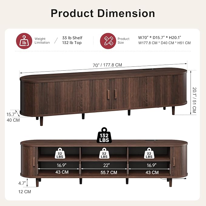 70" Mid Century Modern TV Stand, Wood TV Consoles with Sliding Doors and Power Outlet, Entertainment Center with Adjustable Shelves, Fluted TV Stands for Living Room, Walnut