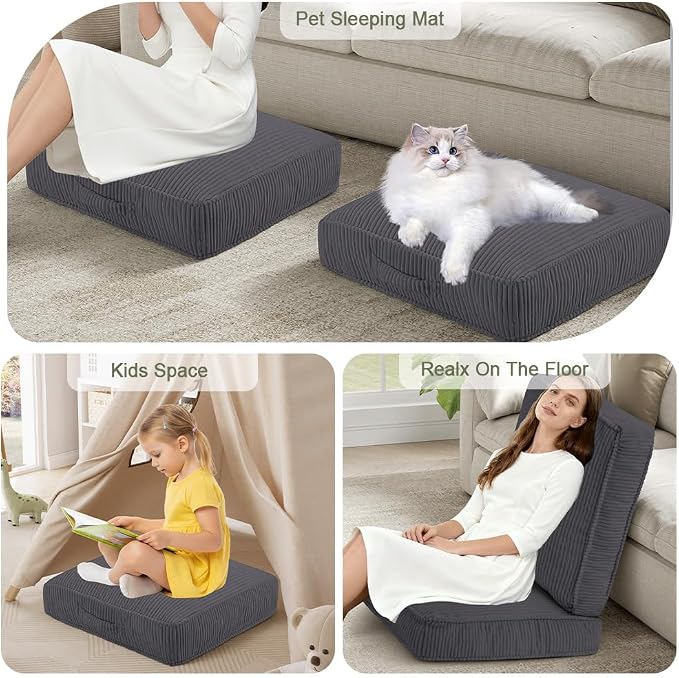 Floor Pillow for Adults Set of 2, 4" Square Floor Cushions with Washable Cover, Large Corduroy Meditation Pillow, 24 inches Tatami Seat with Handle for Living Room or Yoga, Dark Grey