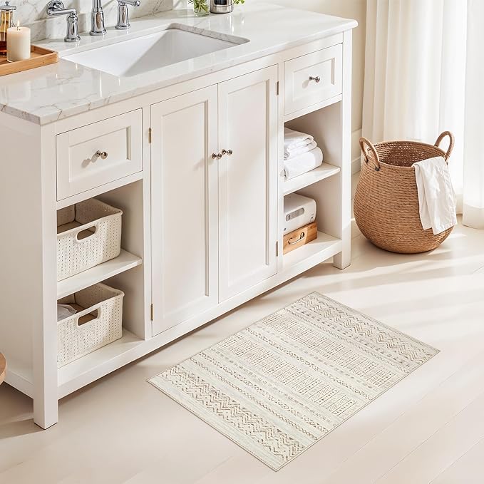 cotiled Washable 2x3 Entryway Rug: Washable Boho Rugs with Non Slip Backing Small Soft Indoor Stain Resistant Carpet for Kitchen Front Lightweight Home Decor Brown/Cream