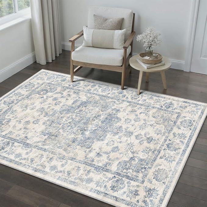 4x5 Washable Neutral Area Rug Blue Vintage Entryway Office Carpet Non-Slip Soft Low Pile Farmhouse Indoor Throw Rug for Living Room Bathroom Dining Room