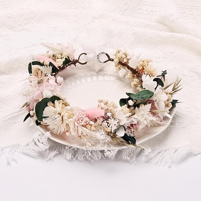 Preserved Natural Dried Flower Crown Rustic Wedding Wreath Headband Pink and White Bohemian Floral Hair Garland for Children Kids Family Photo Shoot,Birthday Party Little Bridesmaids Flower Girls